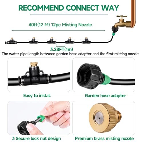 40FT Misters for Outside Patio, Misting Cooling System Anti Leak | Misting Line with 12 Brass Mist Nozzles and Adapter(3/4"), DIY Water Misters for Garden Greenhouse Fan BBQ Party Pool - size: 40FT Misting Cooling System