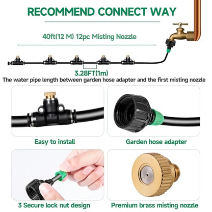 40FT Misters for Outside Patio, Misting Cooling System Anti Leak | Misting Line with 12 Brass Mist Nozzles and Adapter(3/4"), DIY Water Misters for Garden Greenhouse Fan BBQ Party Pool - size: 40FT Misting Cooling System