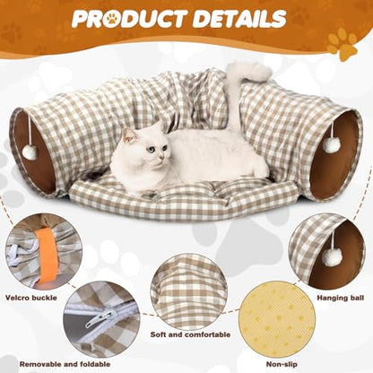 Spardar 2-in-1 Bunny Tunnel Bed, with Removable Mat Hideout, Checkered | Collapsible Tunnel Tubes Toys, Washable, Interactive Toys for Rabbits, Chinchilla, Hedgehog, Guinea, Kitty - color: Checkered