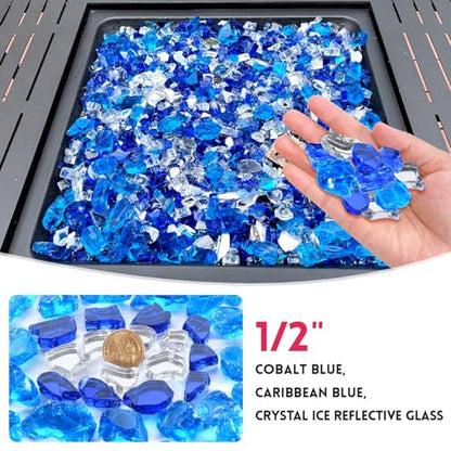 20 Pounds Fire Glass 1/2 Inch High Reflective Tempered Firepit Glass | Cobalt Blue, Oceanic Blue, Crystal Clear Rocks for Fireplace, Fire Pit Table, Fire Bowl and Landscaping & DIY Crafts - color: Cobalt Blue, Oceanic Blue and Crystal Clear, size: 1/2 inc
