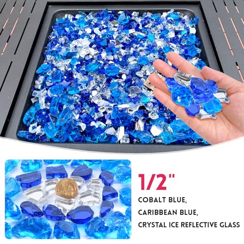 10 Pounds Fire Glass 1/2 Inch High Reflective Tempered Firepit Glass | Cobalt Blue, Oceanic Blue, Crystal Clear Rocks for Fireplace, Fire Pit Table, Fire Bowl and Landscaping & DIY Crafts - color: Cobalt Blue, Oceanic Blue and Crystal Clear, size: 1/2 inc