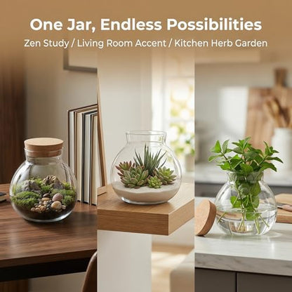 Glass Terrarium Bottle with Cork Lid: Round Borosilicate Jar for DIY Microlandscape - Clear Plant Display Container Moss Holder Tabletop Storage Canister