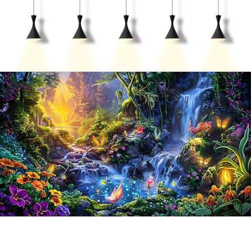 Waterfall Aquarium Background Fantasy Garden Flowers Fireflies Fish Tank Background Misty Glen Valley Wonderland Reptile Tank Backgrounds Fairies Magical Lights Tranquil Pond Tank Backgrounds 24x12in - color: Bright Blue, size: 24(W)x12(H)inches/ 60(W)*30