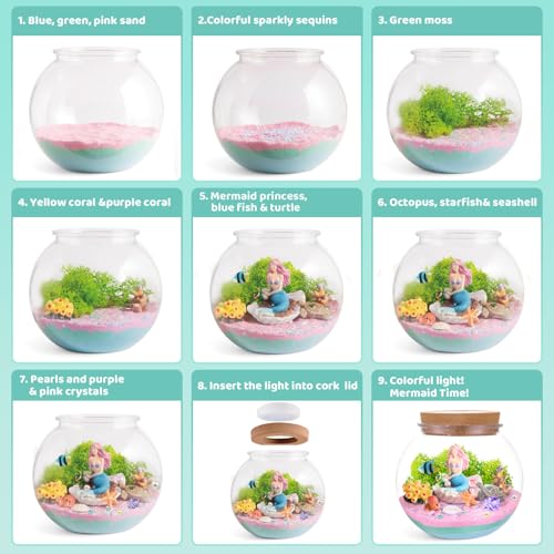 JOYEEMAX Mermaid Light-Up Terrarium Kit for Kids - LED Night Light Birthday Gift for Girls Ages 4 5 6 7 8-12 Year Old - Mermaid Toys for Girls - DIY Arts and Crafts Kit for Kids - style: Mermaid