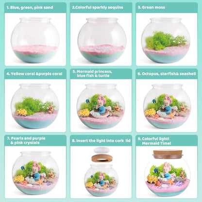 JOYEEMAX Mermaid Light-Up Terrarium Kit for Kids - LED Night Light Birthday Gift for Girls Ages 4 5 6 7 8-12 Year Old - Mermaid Toys for Girls - DIY Arts and Crafts Kit for Kids - style: Mermaid