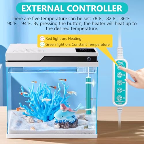 hygger Mini Submersible Aquarium Heater, Turtle and Betta Fish Tank Heater with Five-Key External Controller 78℉、82℉、86℉、90℉、94℉ for Freshwater Small Tank - size: 15W for 0.4~2.64Gal