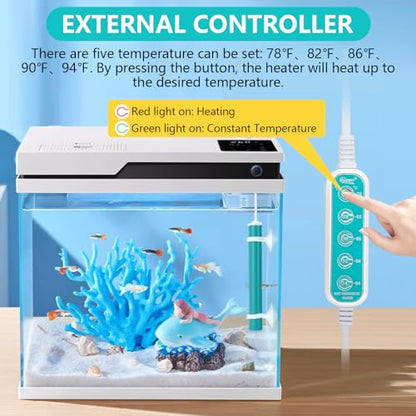 hygger Mini Submersible Aquarium Heater, Turtle and Betta Fish Tank Heater with Five-Key External Controller 78℉、82℉、86℉、90℉、94℉ for Freshwater Small Tank - size: 15W for 0.4~2.64Gal