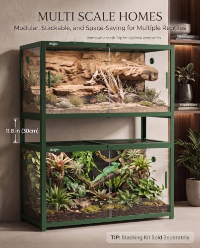 120 Gallon Reptile Tank, 4x2x2 Reptile Enclosure Front Sliding Door | Stackable ventilation 120 Gallon Bearded Dragon Tank anti-escape locks and no-fingerprint handles maximizes UVB transmissionn - color: Green, size: 120 Gallon