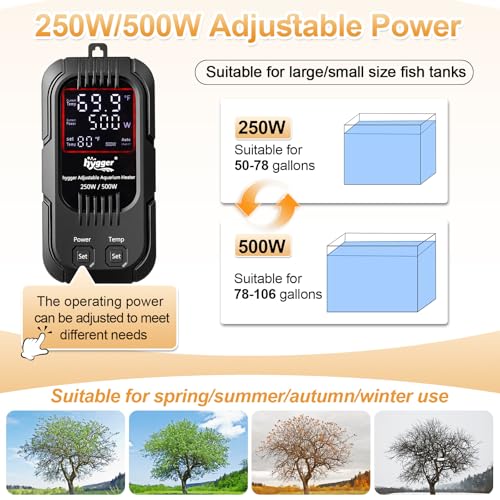 hygger Aquarium Heater, 250W/500W Adjustable Power Fish Tank Heater with Digital Display External Controller, Automatic Power-Off Protection Heater for 50-106 Gallons Freshwater and Saltwater Tank - size: 250W/500W Adjustable Power