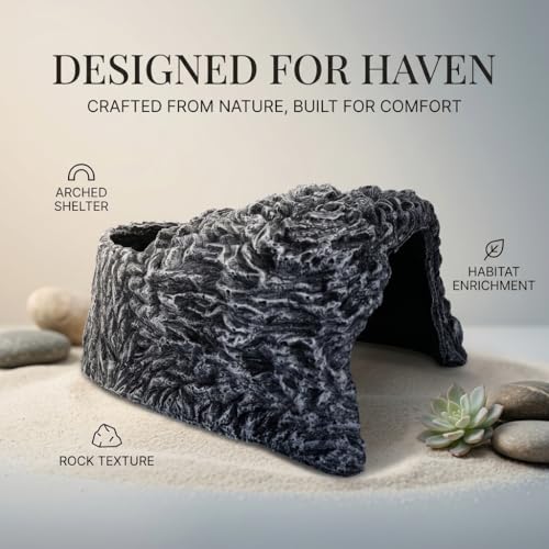 Extra Large Reptile Hide Cave, Resin Rock Habitat Decor, Basking Platform for Terrarium & Aquarium, Oversize Hideout for Bearded Dragons, Lizards, Snakes, Turtles (9.25" L x 8.07" W x 4.92" H)