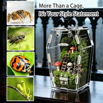 Acrylic Coffin Jumping Spider Enclosure Magnetic Lock Terrarium Kit | Clear acrylic with magnetic locks, feeding port, ventilation. For jumping spiders, tarantulas. 7.1-inch habitat, easy setup.