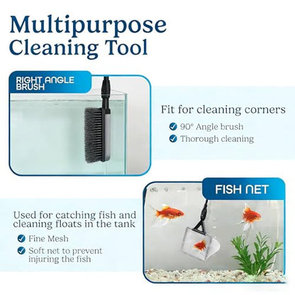 7-in-1 Aquarium Cleaning Kit with Telescopic Handle, Fish Tank Maintenance Tools Set, 20.8-32 Inch Extension, Includes Algae Scraper, Net, Gravel Rake, Brushes for Fresh and Saltwater
