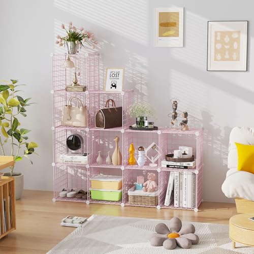 C&AHOME Wire Cube Storage, 12 - Cube Organizer Metal C Grids, Closet, Pink | Modular Shelves Units Storage Bins Shelving Bookshelf Shelf Cabinet - color: Pink