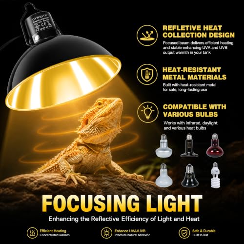 Happy Herps 8.5" Reptile Heat Lamp Fixture for Light/Heat Lamp/UVB Light | Independent switch, E26 ceramic socket, aluminum reflector, fully assembled, fits glass terrariums, 160W max - size: 8.5IN