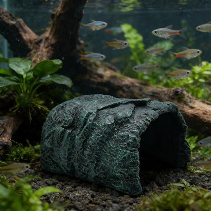 M2cbridge Fish Hide Cave Reptile Terrarium Habitat Decor Green Rock Dish | Natural color careful craft, resting spot, solid and sturdy, water dish - style: Green Rock+ Water Dish