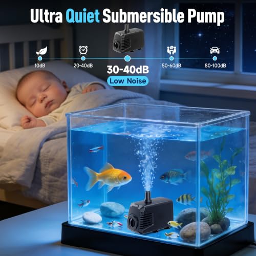 200GPH Submersible Water Pump, Water Fountain (700L/H, 12W) with 5.9FT High Lift Adjustable & 3 Nozzles & 9.8FT Cord, Ultra Quiet Aquarium Pump for Pond Fountain Waterfall Hydroponics-Q102 - size: 200GPH
