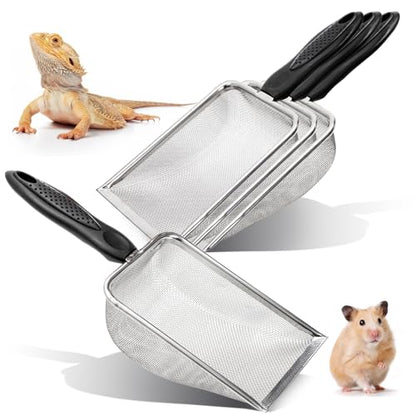 Hiceeden 4 Pcs Stainless Steel Small Mesh Scooper, Hamster Fine Sand Bath Scooper, Reptile Rabbit Litter Sand Waste Scoop, Beach Mesh Shovel for Shell Collecting, Shark Tooth Sifter, 1mm Hole