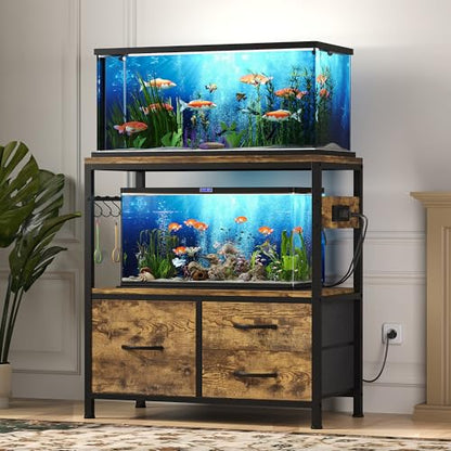 Heybly 20-29Gal Fish Tank Stand with Drawer, Power Outlet,330lbs HAS001SR-1 | Aquarium Stand,Heavy Duty Metal Frame for Fish Tank, Turtle & Reptile Terrarium, 31.5" x 15.7" Top, Rustic Brown - color: Rustic Brown, size: 20-29 gal