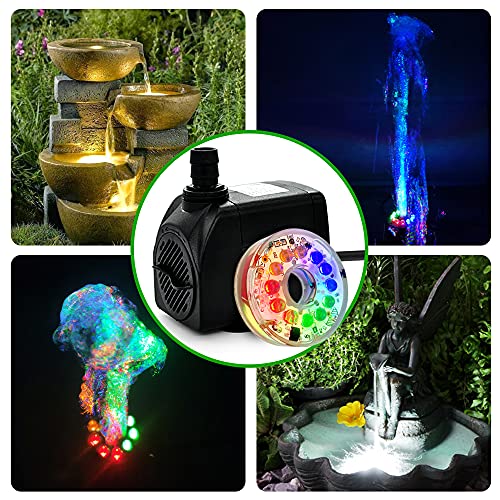 160GPH Small Fountain Pump, 10Watt Submersible Pump with Automatic Color Changing LED Light and 3.3 ft Tubing for Water Feature, Outdoor Pond, Aquarium fish tanks