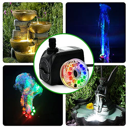 160GPH Small Fountain Pump, 10Watt Submersible Pump with Automatic Color Changing LED Light and 3.3 ft Tubing for Water Feature, Outdoor Pond, Aquarium fish tanks