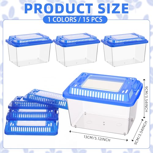 LemonRoad 15 Pcs Plastic Reptile Terrariums Carrier Cage 5.1x3.5x3.5 in Small Reptile Enclosure with Ventilated Lid Snake Breeding Box Hatching Container for Tarantula Spider Turtle Hermit (Blue)