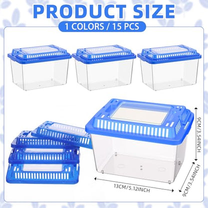 LemonRoad 15 Pcs Plastic Reptile Terrariums Carrier Cage 5.1x3.5x3.5 in Small Reptile Enclosure with Ventilated Lid Snake Breeding Box Hatching Container for Tarantula Spider Turtle Hermit (Blue)