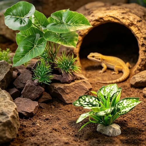2pcs Reptile Artificial Plants, Terrarium Plants Decorations Supplies, Aquarium Fish Tank Plant, Amphibian Habitat Hideout Tank Accessories