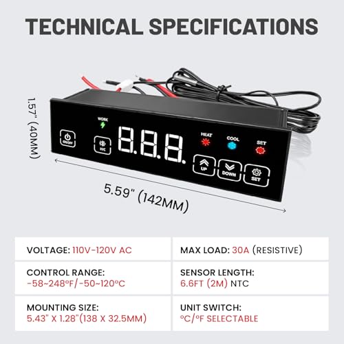 30A 120V Touchscreen Heating & Cooling Thermostat Controller | Temperature Control Switch for Garage Automation, Electric Brewery, Workshop, BBQ, ℃/℉ Switchable, 6.6 Ft Sensor Probe