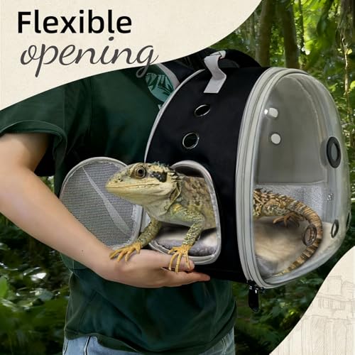 Bearded Dragon Backpack Carrier w/Reptile Thermometer Hygrometer, Clear Bubble Window Astronaut Space Capsule Travel Bag for Leopard Gecko, Ball Python, Lizard, Hermit Crab, Spider, Guinea Pig - color: Black