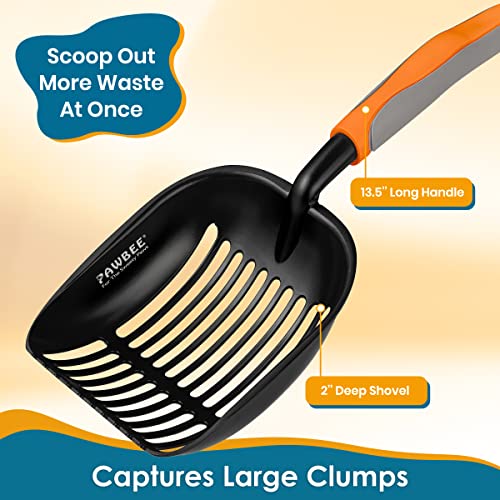 PAWBEE Premium Non-Stick Metal Cat Litter Scooper with Holder, Deep Shovel Poop Scoop, Long Non-Slip Handle