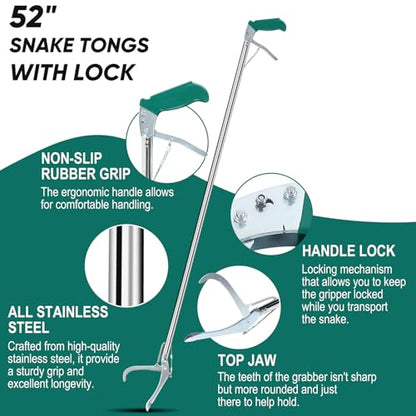 Locking Snake Catcher Grabber Tool, 52" Professional Snake Tongs Heavy Duty | Reptile Snake Catcher Grabber Stainless Steel Snake Pole Wide Jaw Handling Tool Stick with a Protective Structures for Snakes