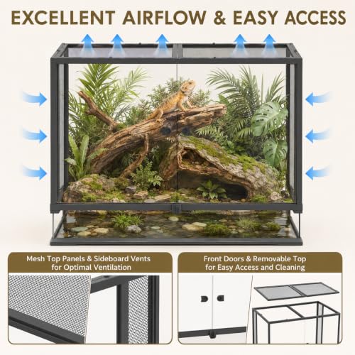 Erinnyees 74 Gallon Tall Reptile Terrarium, Large Vertical Reptile Enclosure with Front Opening Doors, Top Screen Ventilation, Raised Base and Cable Port for Crested Geckos, Anoles and Tree Frogs - size: 74 Gallon