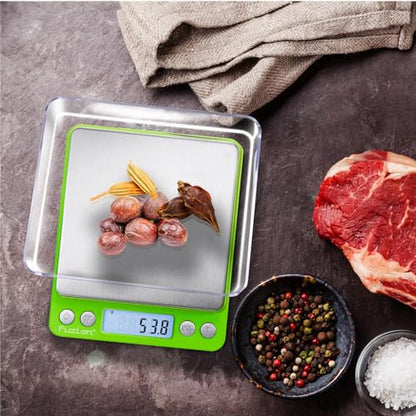 Fuzion Small Gram Scale 3000g, Digital Kitchen Food Scale, Gram and Ounce | 0.1g Accuracy, 6 Modes, 2 Trays Included, Tare Function, Piece Counting, For Food, Coffee, Cooking, Herb, Reptiles, Coins - color: Green