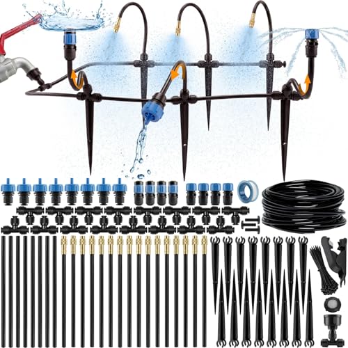 Drip Irrigation System Kit with Atomizing Copper Nozzles, 50 feet | For Raised Beds, Potted Plants or Greenhouse with 16pcs 360° Adjustable Watering Spray Nozzles - size: 16 Atomizing Nozzles + 16 Emitters + 50 feet