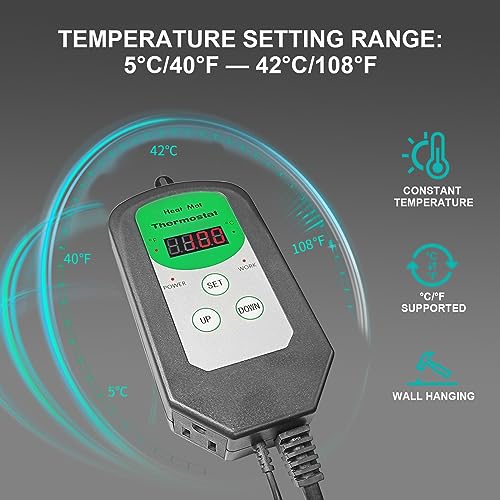 Digital Heat Mat Thermostat Temperature Controller (EMC Certified) for Seed Germination, Reptiles and Brewing Breeding Incubation Greenhouse, 42 °F to 108 °F/ 5 ℃ to 40 ℃, 1000W - size: Thermostat