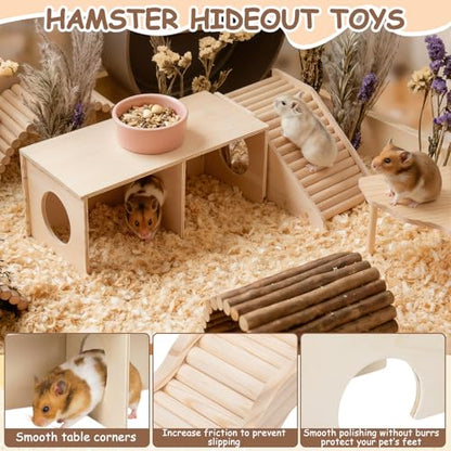 BreezeHug 4 Pcs Hamster Cage Accessories Hamster Platform Hideout Wooden Tunnel Ladder Playhouse Game Climbing Toy with Platform for Pets Dwarf Syrian Mice Degus Gerbils Squirrel(Peek) - style: Peek