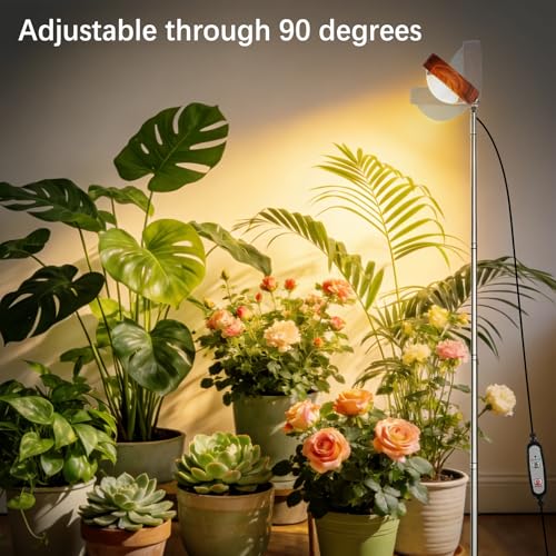 Grow Light for Indoor Plants, Full Spectrum Floor Plant Lamp with Convex Lens, Timer 6/12/18H, Faux Walnut Wood Grain, 12-57 inches Height Adjustable Desktop and Standing Growing Light
