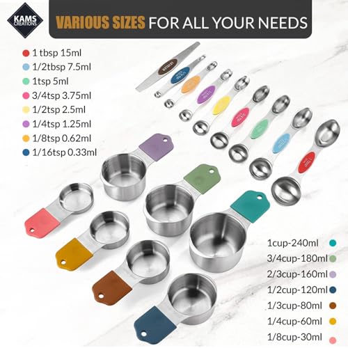 16PCS Magnetic Measuring Cups and Spoons Set with Leveler – Strong N52 Magnets, Premium 304 Stainless Steel, Double Sided Measuring Spoons, Easy to Read Engraved Measurements for Baking & Cooking