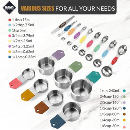16PCS Magnetic Measuring Cups and Spoons Set with Leveler – Strong N52 Magnets, Premium 304 Stainless Steel, Double Sided Measuring Spoons, Easy to Read Engraved Measurements for Baking & Cooking