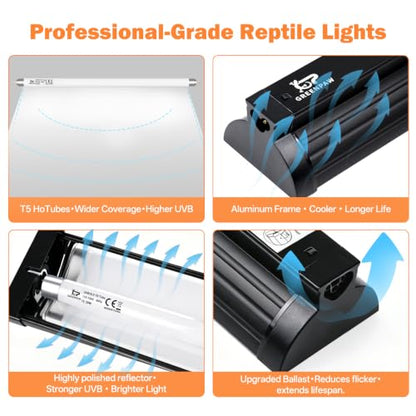 T5 Ho UVB Reptile Light Fixture Combo Kit 39W: 10.0 UVB Light for Reptiles Terrarium Hood Comes with UVB Lamp, 34'' Linear UVB Light Bar for Desert Bearded Dragon,Turtle,Gecko - UV Sensor Test Card - size: 35.4INCH-10.0