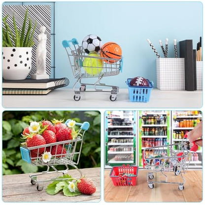 134pcs Mini Shopping Cart Basket Miniature Food Drink Bottle Supermarket Metal Handcart Toys Doll House Store Cosplay Game Dollhouse Grocery Fruit Cake Bread Party Trolley Model Dollar Bills - style: Shopping Cart