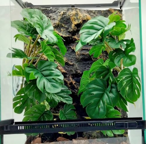 Fake Reptile Plants for Terrarium ,Tank Decor,Artificial Plant | Amphibian Habitat Decor,Hanging Plant with Suction Cup,Tank Accessories for Snake Gecko ChameleonTortoise-2 Pack(Monstera) - color: Fake Monstera