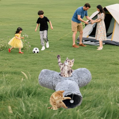 3-Way Collapsible Cat Tunnel Tube Toy Grey Plush | Interactive Play Tunnel with Hanging Ball & Peek Hole for Indoor Cats, Kittens, Puppies & Rabbits | Hours of Fun & Exercise - color: Grey Plush