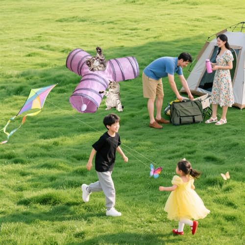 3-Way Collapsible Cat Tunnel Tube Toy Pink — Interactive Play Tunnel with Hanging Ball & Peek Hole for Indoor Cats, Kittens, Puppies & Rabbits | Hours of Fun & Exercise - color: Pink