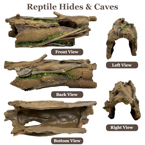 Fhiny Reptile Hides and Caves Resin Hollow Tree Trunk for Terrarium Lizard Hideout Aquarium Fish Hideaway Gecko Tank Accessories for Lizards Chameleons Bearded Dragons Hermit Crabs Frogs (Large)