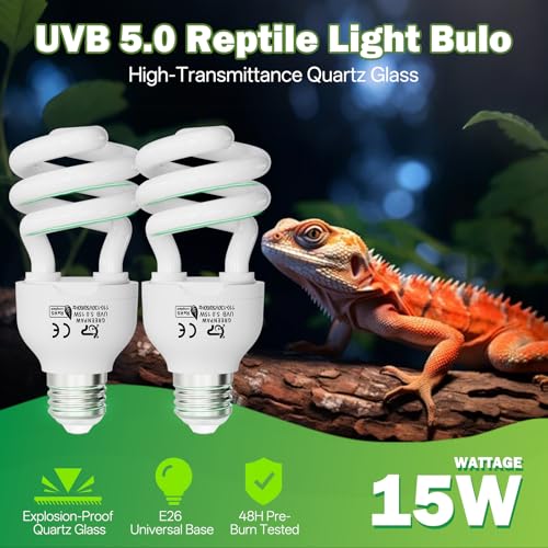 UVB Light for Reptiles 5.0: 15W UVA UVB Reptile Light Bulb 2 Pack, Tropical Reptile UVB Bulb Compact Fluorescent Terrarium Lamp,UVB Light Bulb for Chameleon Turtle Gecko Include UV Sensor Card - size: 5.5INCH-5.0