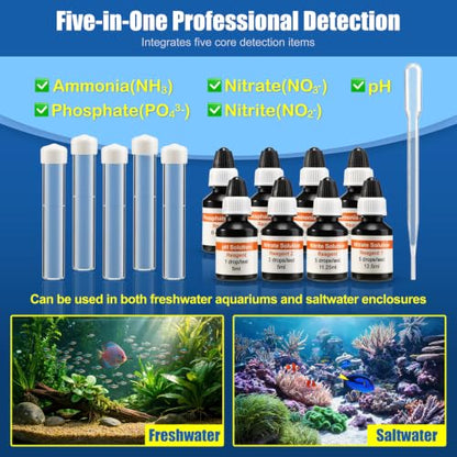 DaToo Aquarium Master Test Kit 5 in 1 Fish Tank Water Master Test Kit for pH Ammonia Nitrite Nitrate Phosphate High Accuracy Aquarium Water Testing Kit for Freshwater and Saltwater Tanks