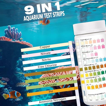 Aquarium Test Strips for Fish Tank: 9 in 1 Aquarium Ammonia Test Strips for Fish Tank - 50 Counts Aquarium Water Test Kit Testing Ammonia Nitrogen, Copper, pH and More - size: 9 in 1 - 50 Strips (ammonia included)