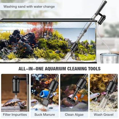 AKKEE Aquarium Vacuum Gravel Cleaner, 18W Electric Fish Tank Cleaner Vacuum, 6 in 1 Multifunctional Aquarium Cleaner for Automatic Water Change, Wash Sand, Water Circulation and Timed Off，Black