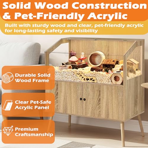PROLEE Hamster Cage with Storage Cabinet,Large Hamster Encloure Chew Proof Wood,Clear View Hamster Habitat for Guinea Pig, Ferret, Rat, Hedgehog, 40" L x 20" W x 47" H (White Oak) - color: White Oak